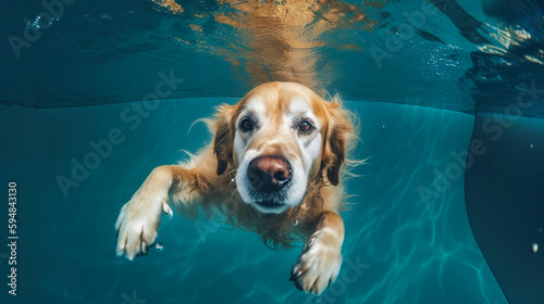 Generative Ai image of a cute golden retriever swimming under water © annette shaff