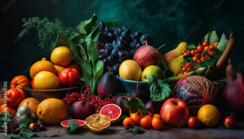 A rustic table of fresh organic fruit generated by AI