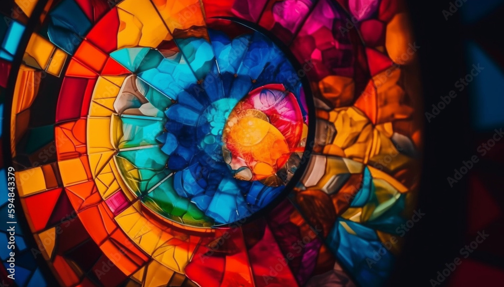 Stained glass window displays vibrant colors shining bright generated by AI