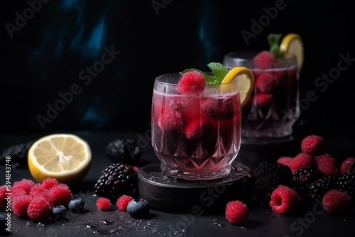 fragrant aetizing frozen berries in delicious cocktail with lemon. Generative AI