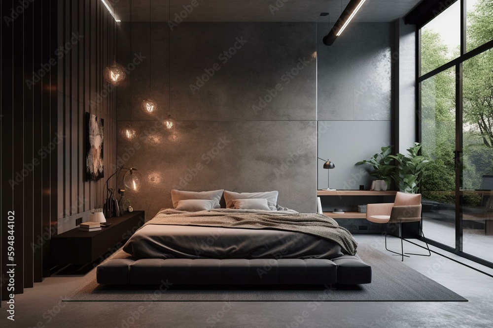 A modern Bedroom with a sleek metal platform bed, a concrete accent wall, and a minimalist pendant light, generative ai A modern Bedroom with a sleek metal platform bed, a concrete accent wall, and a minimalist pendant light, generative ai