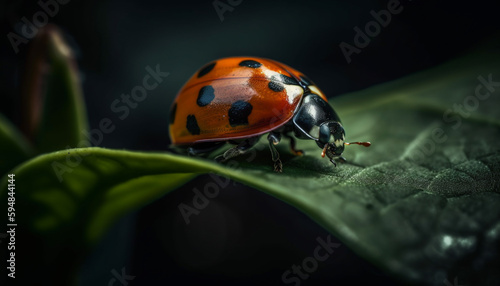 Spotted ladybug crawls on green plant leaf generated by AI