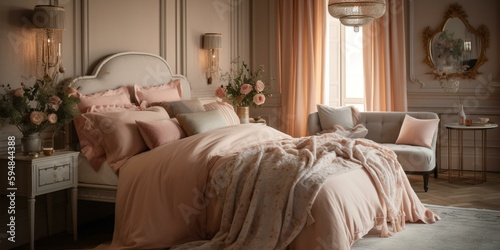A romantic English Bedroom featuring soft blush tassels and delicate floral stripes textures, vintage-inspired decor, and warm golden lighting, generative ai