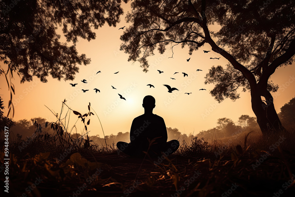 Silhouette of a person sitting in a lotus position, surrounded by nature. AI generative image.