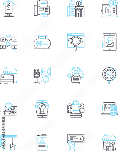 Marketing item linear icons set. Promotional, Branded, Advertisements, Collateral, Swag, Merchandise, Giveaways line vector and concept signs. Gifts,Incentives,Handouts outline illustrations