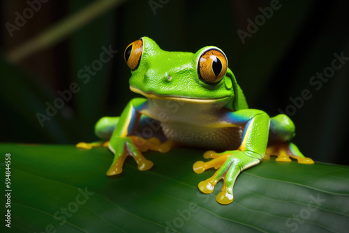 A green tree frog sits on a leaf in the dark. AI generative image. © ruang