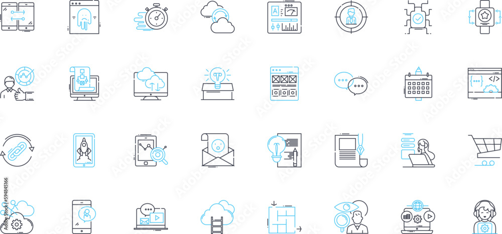 Blog outreach linear icons set. Collaborate, Engagement, Influencers, Promotion, Nerk, Visibility, Partnerships line vector and concept signs. Community,Branding,Exposure outline illustrations