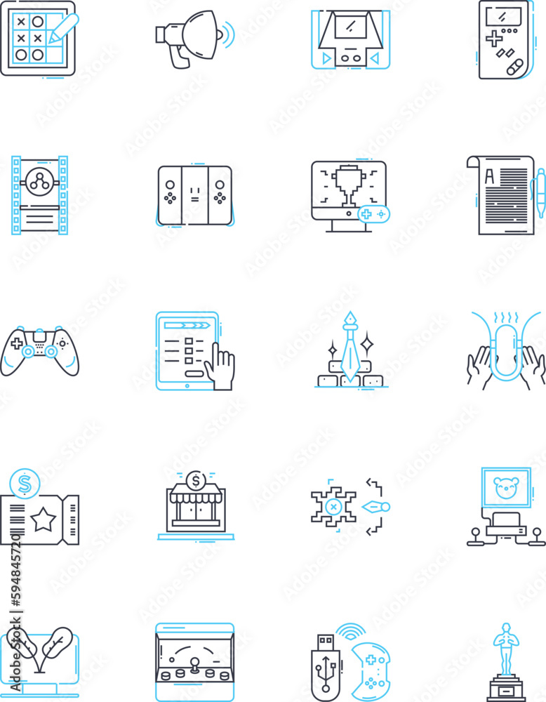 Multimedia industry linear icons set. Animation, Digital, Video, Audio, Graphics, Design, Motion line vector and concept signs. Game,Virtual,Interactive outline illustrations