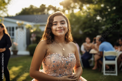 Portrait of Hispanic teen girl at her quinceanera party in backyard. photo