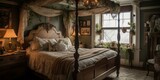 A romantic Cottagecore bedroom with a luxurious four-poster bed adorned with lace and floral bedding, vintage lighting, and a statement piece of art hanging above the headboard, generative ai