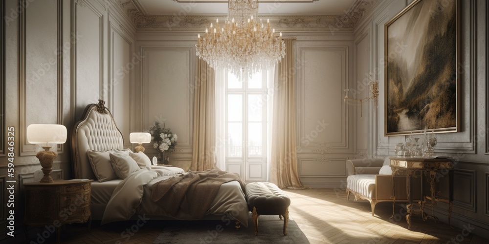 A classical Art Nouveau Bedroom with regal velvet headboard, soft silk bedding, and a vintage crystal chandelier creating an elegant ambiance, generative ai
