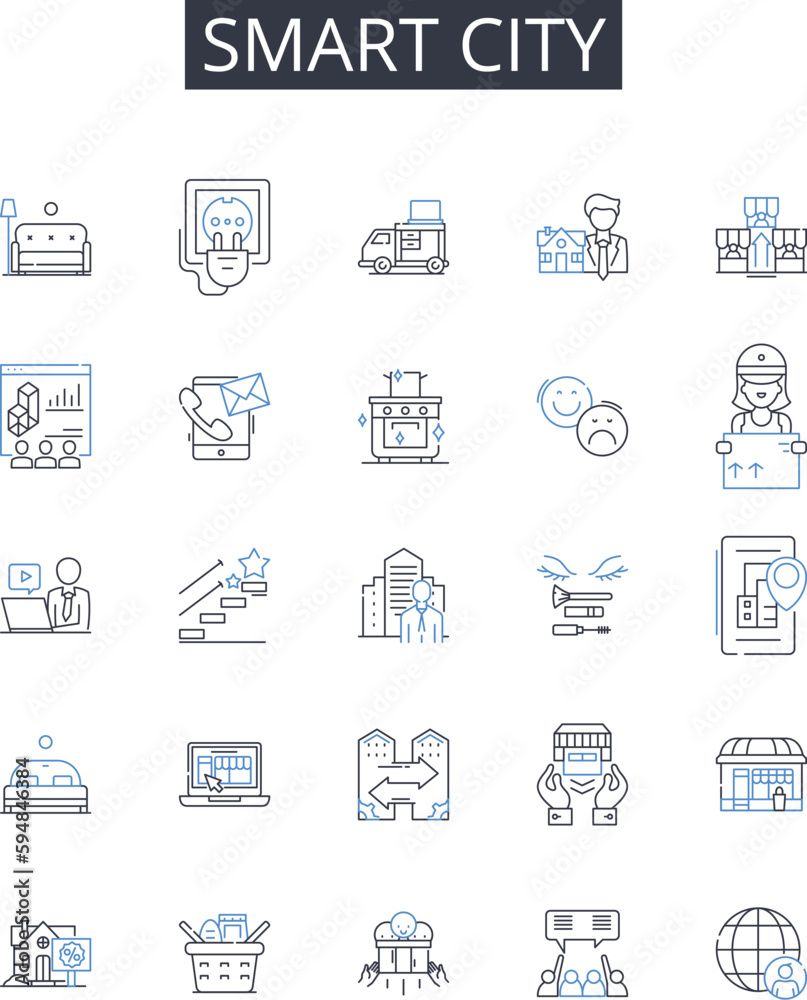Smart city line icons collection. Intelligent home, Efficient workforce, Sustainable future, Connected cars, Eco-friendly living, Innovative technology, Collaborative teamwork vector and linear