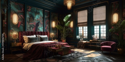 A glamorous Art Deco bedroom that embraces maximalism  featuring lacquered finishes  exotic wood textures  plush velvet seating  and bold patterned wallpaper  generative ai