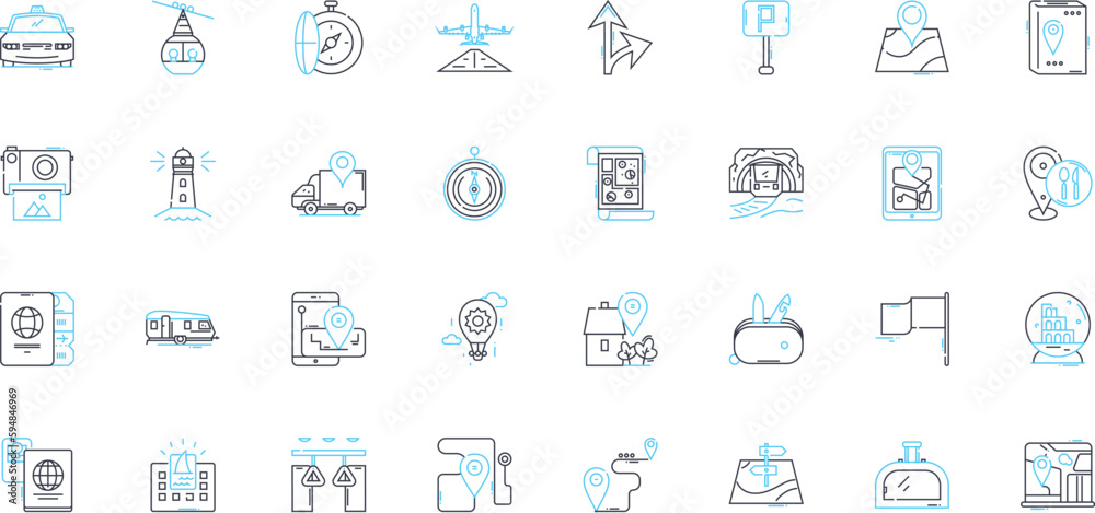Nature and environment linear icons set. Forest, Ocean, Mountains, Rivers, Wildlife, National parks, Rainforest line vector and concept signs. Waterfall,Desert,Tundra outline illustrations