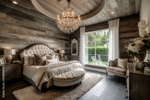 A luxurious Bedroom with a distressed wood ceiling, a metallic wallpaper accent wall, and a crystal chandelier over the bed, generative ai