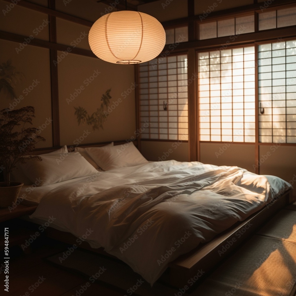 A traditional Japanese Bedroom with allwhite silken bedding, tatami