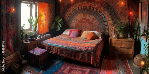 A Bohemian Bedroom with Vibrant Handmade Tapestry and Colorful Ceramic Knick-Knacks, adorned with Low-Level Ambient Lighting, generative ai © Dream