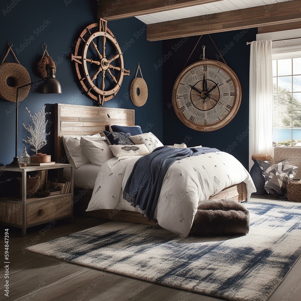 A serene Nautical Bedroom with navy blue walls, weathered wood ceiling