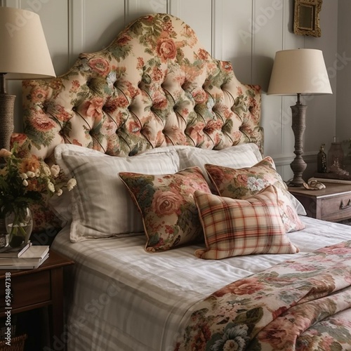 A traditional bedroom with a floral upholstered headboard and plaid accent pillows, generative ai