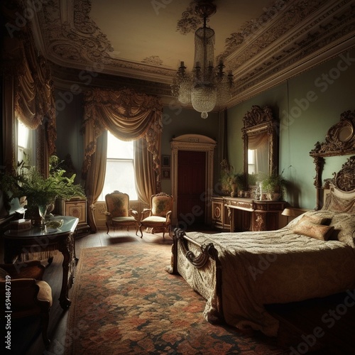 A magnificent Bedroom adorned with ornate cornices, a gilded dressing table, and plush velvet armchairs set by an intricately carved mantlepiece, generative ai