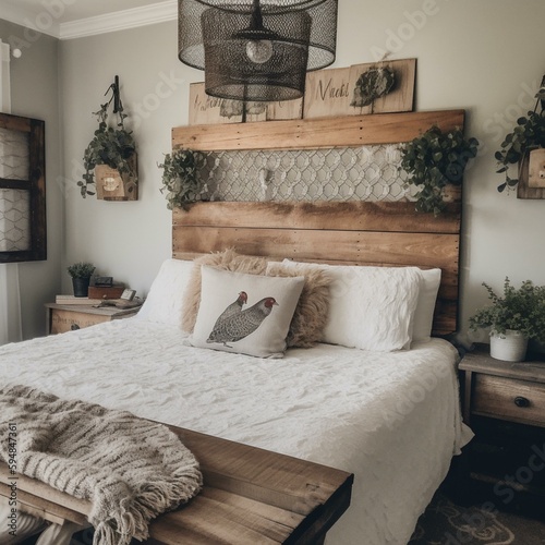 A Rustic Farmhouse Bedroom featuring a distressed wooden headboard, chicken wire wall decor, burlap bedspread, and a vintage chandelier overhead, generative ai