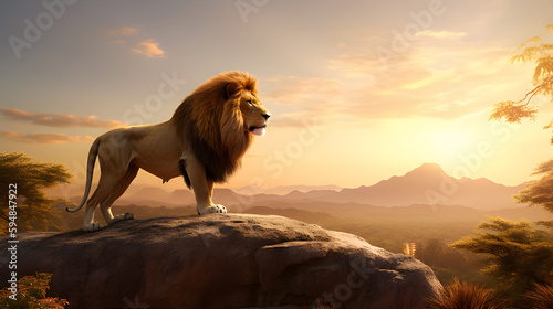A majestic and fierce lion standing proudly on a rock overlooking a vast savannah. Generative AI. © Goddy