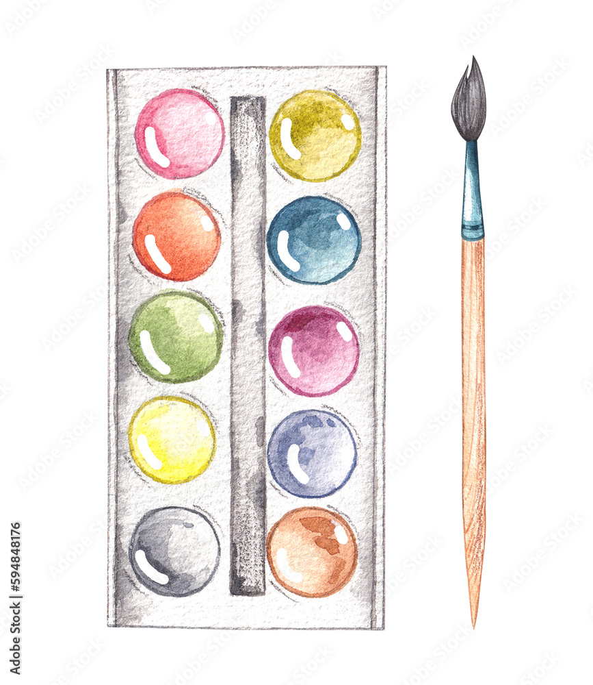 Naklejka premium Watercolor paints and a brush on a white background