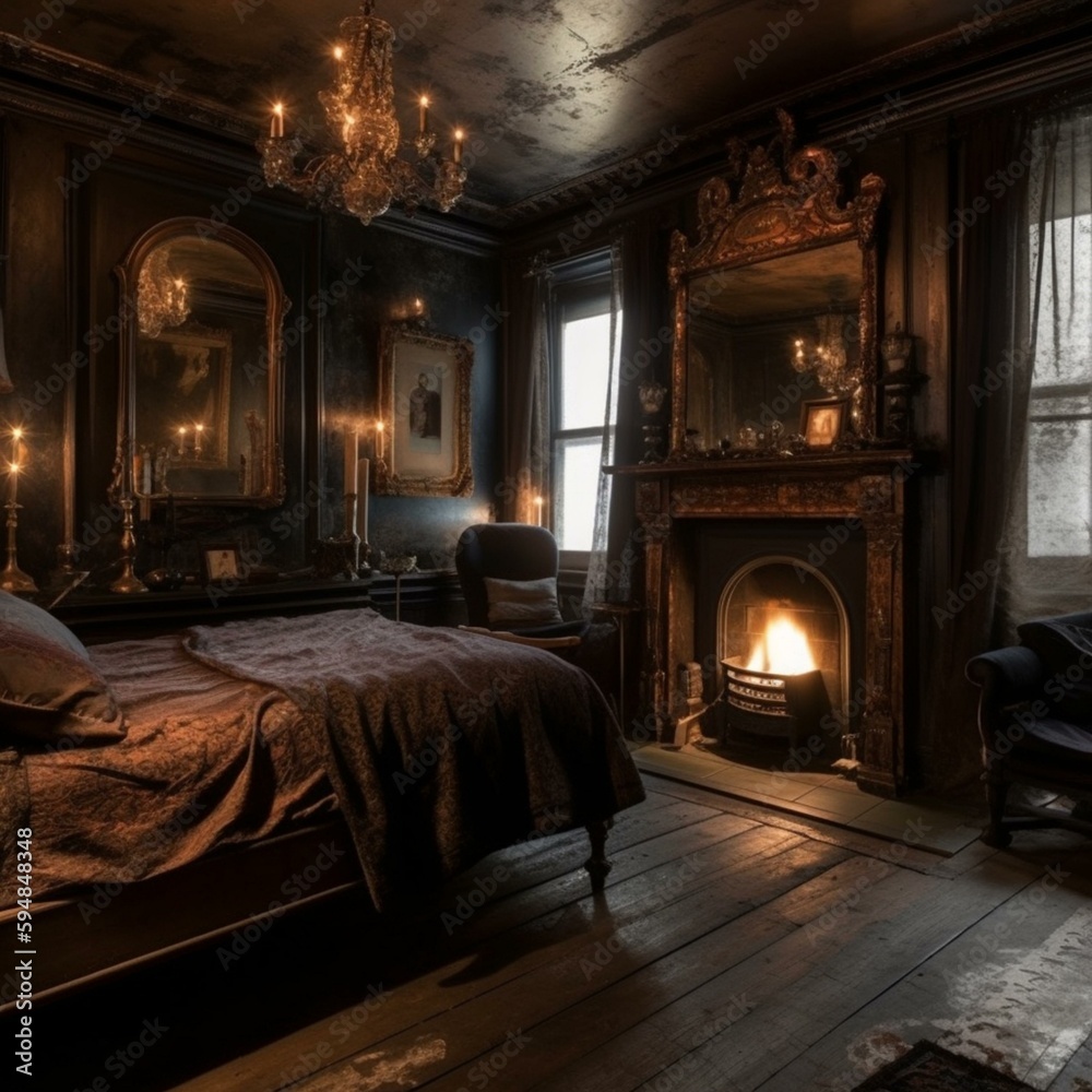 A warm Gothic Bedroom with a cozy fireplace, antique mirrors and dim lighting, generative ai