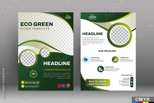 Editable Green Flyer templates. Nature green leaf, environment design. Size A4 CMYK Vector illustration