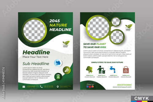 Editable Green Flyer templates. Nature green leaf, environment design. Size A4 CMYK Vector illustration