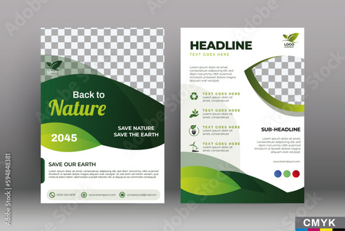 Editable Green Flyer templates. Nature green leaf, environment design. Size A4 CMYK Vector illustration