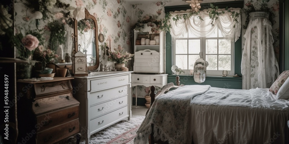 A cozy Cottagecore bedroom featuring a whimsical floral wallpaper, lace-embellished bedding, and a vintage vanity with a delicate floral arrangement, generative ai