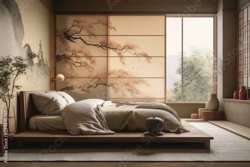 A tranquil Japanese-inspired Bedroom reflecting nature through the use of rice paper textures and earth tones, generative ai