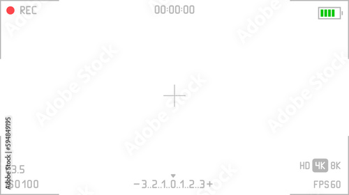 Photo or video camera viewfinder screen set. Vector display frame, focus and grid, zoom, shutter, preview and record shooting settings of digital, dslr, analog camera or camcorder viewfinder