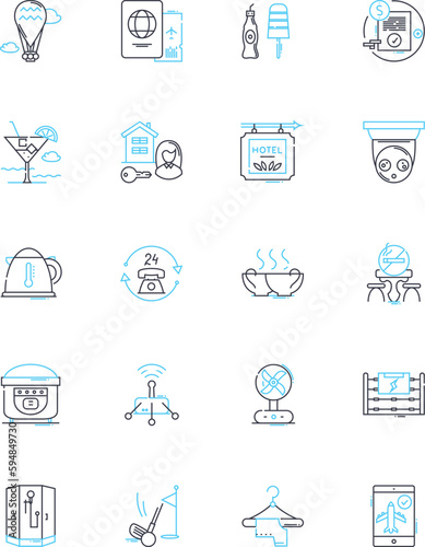 Lodging industry linear icons set. Accommodation, Hospitality, Tourism, Lodging, Travel, Hotel, Motel line vector and concept signs. Resort,Hostel,Vacation outline illustrations