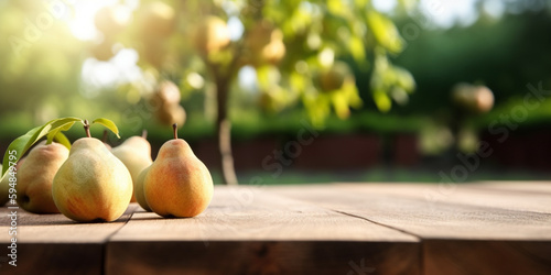 Pear tree and pears on wooden table. For product and merchandise display created with generative ai tools