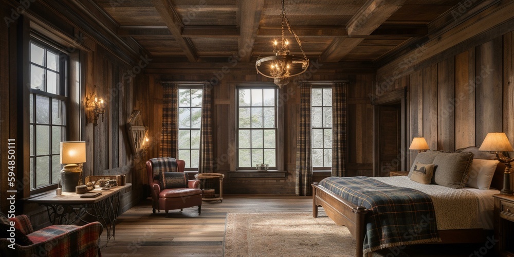 A Rustic Lodge Bedroom with a distressed wood paneling, a brass chandelier, and a plaid armchair, generative ai