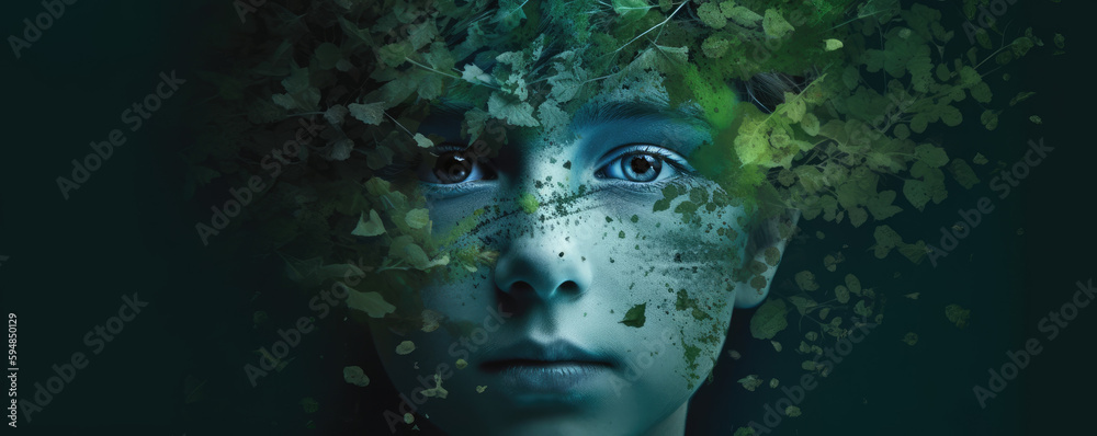 close up of face of a child with tres leaves on the face, neutral background, environment concept image, copy space, generative ai illustration close up of face of a child with tres leaves on the face, neutral background, environment concept image, copy space, generative ai illustration