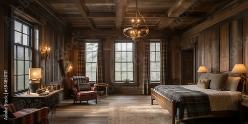 A Rustic Lodge Bedroom with a distressed wood paneling, a brass chandelier, and a plaid armchair, generative ai