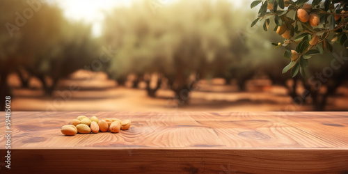 Argan seeds on nature wooden background. Morocco natural bio beauty products created with generative ai tools photo