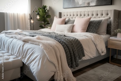A cozy and relaxed bedroom styled with a plush throw blanket and a modern tufted bed frame, accompanied by an array of stylish throw pillows, generative ai