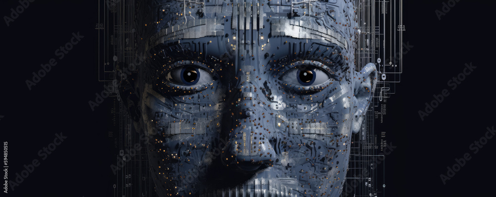 Close-up on a blue and grey android face made with electronic components and circuits, artificial intelligence concept, generative ai illustration Close-up on a blue and grey android face made with electronic components and circuits, artificial intelligence concept, generative ai illustration