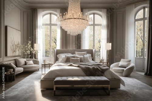 A luxurious and extravagant bedroom featuring a statement-making chandelier and an abundance of natural light, all set against a warm, neutral backdrop, generative ai
