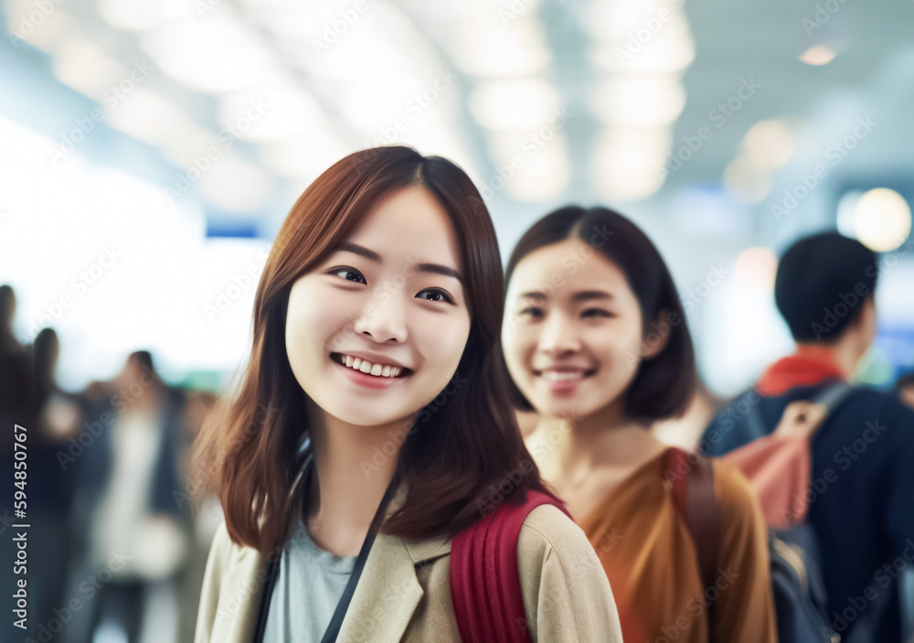 Young Asian women in stylish outfits walk through airport terminal towards boarding gate, excited for holiday vacation abroad. generative AI