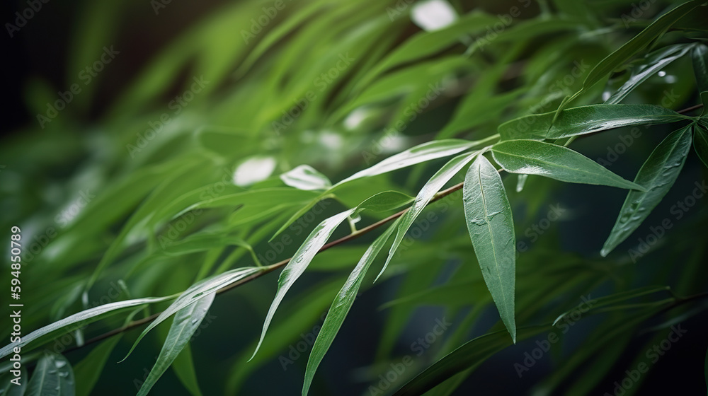 Fototapeta premium Beautiful green bamboo leaves. Bamboo green leaves. Green and yellow bamboo leaves background in the nature. 3D realistic illustration. Creative AI
