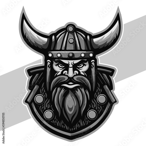 Black and white viking head with shield and axe vector emblem tattoo and t shirt design black and white hand drawn viking engraving ornament