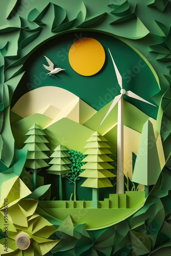 Green Energy Illustrated: Inspiring Artwork Showcasing Sustainable Solutions, paper art and craft style concept. Created using generative AI.