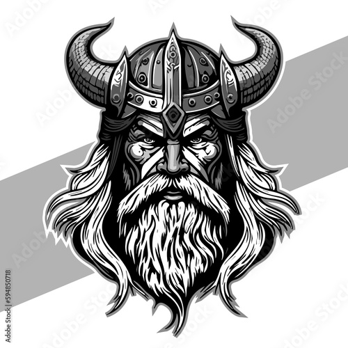 Black and white viking head with shield and axe vector emblem tattoo and t shirt design black and white hand drawn viking engraving ornament