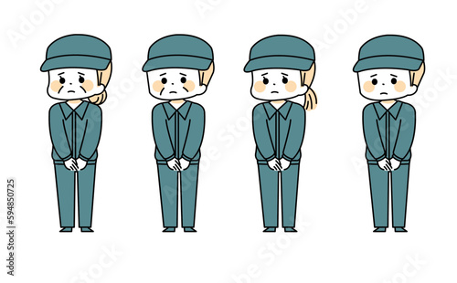 残念な顔でお辞儀をする作業服を着た老若男女のイラスト