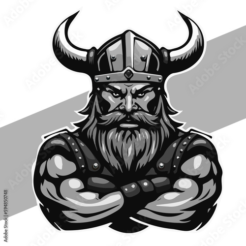 Black and white viking head with shield and axe vector emblem tattoo and t shirt design black and white hand drawn viking engraving ornament